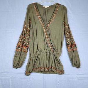 Boston Proper Army Green Boho Hippy Embroidered Peplum Wrap Top Balloon Sleeve M